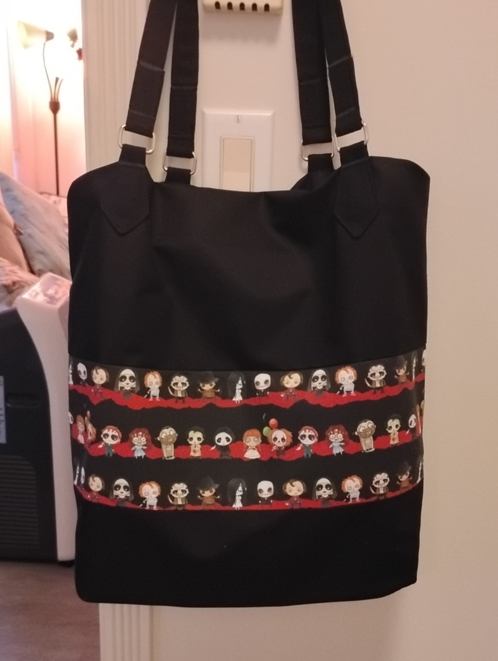 Black Tote Bag with Little Monster Character Stripe